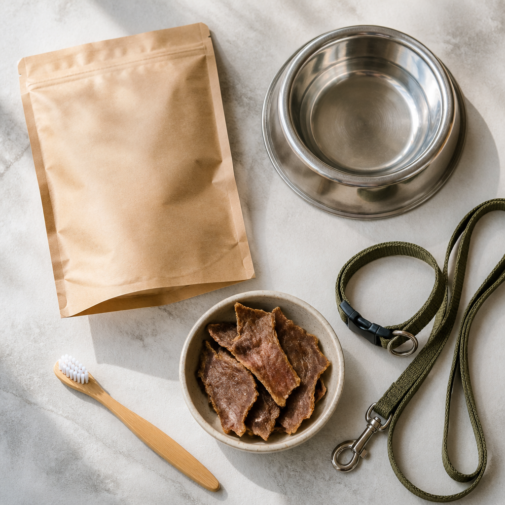 Flat-lay of air-dried meat chips, a dog toothbrush, and water bowl arranged as a simple at-home dental routine