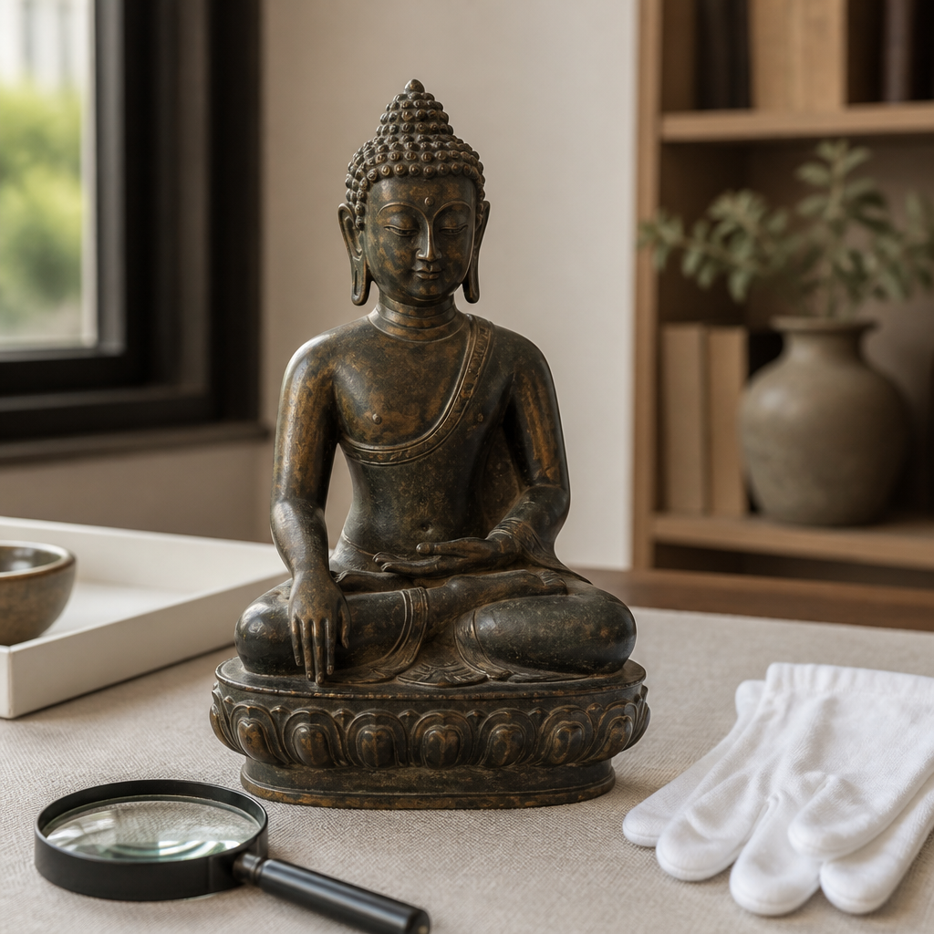 Bronze Buddha statue on a linen desk beside a magnifying loupe and white gloves, examined for provenance research Asian art.
