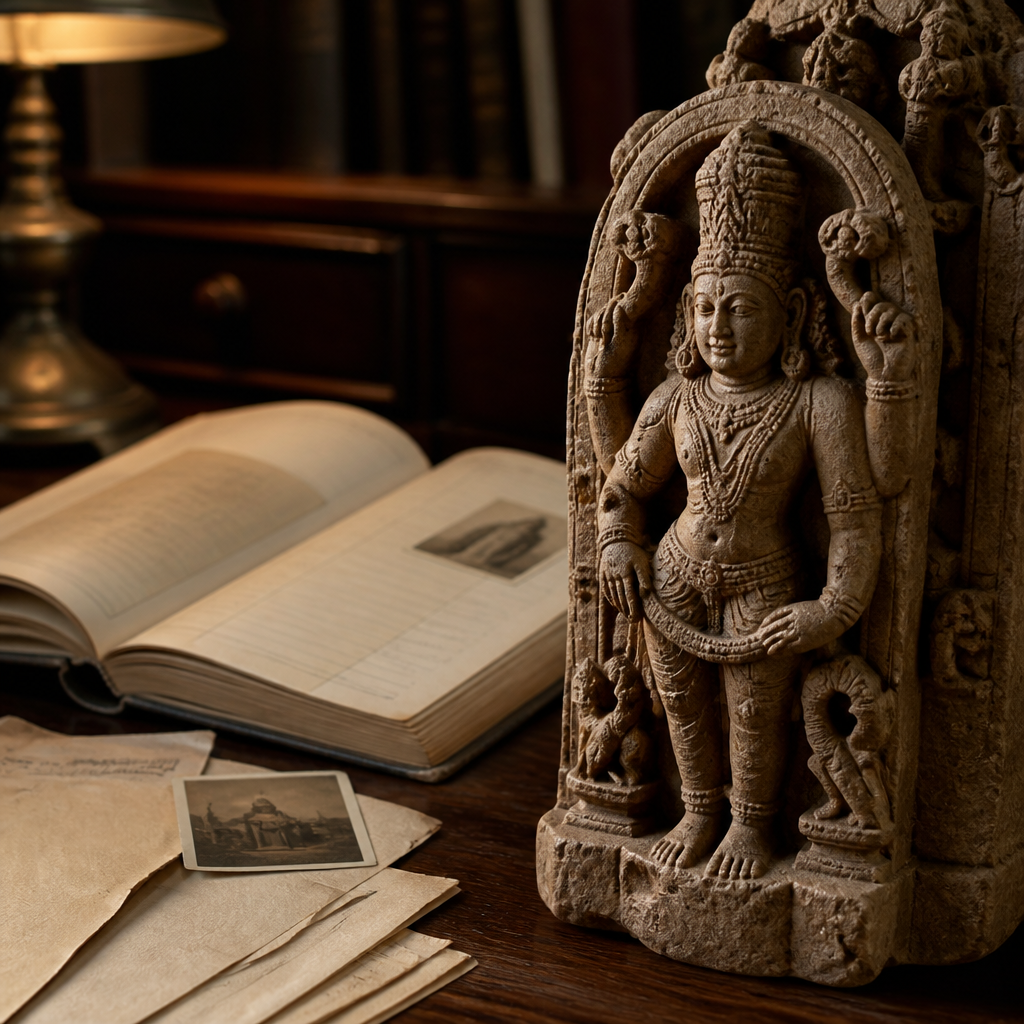 Aged archive ledger beside a carved stone Hindu deity sculpture, illustrating antique sculpture provenance records.