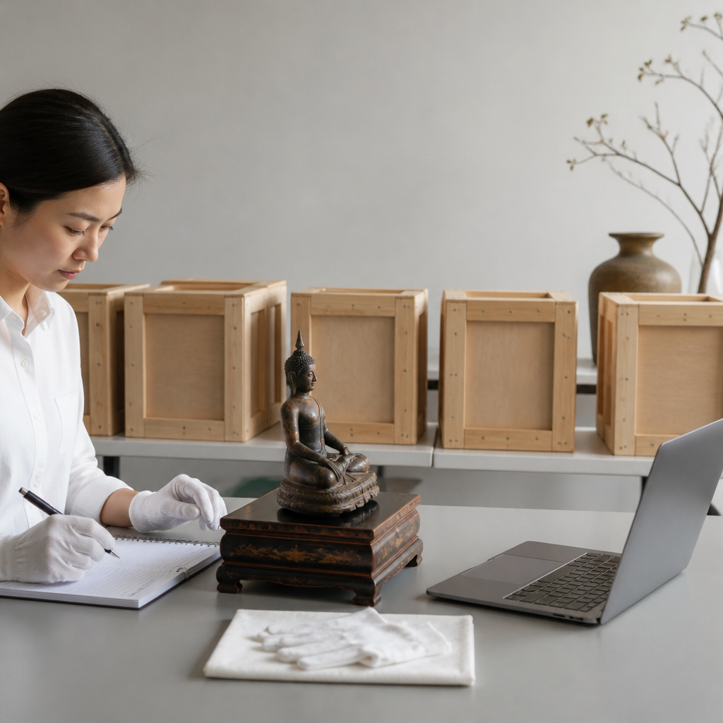 Asian sculpture and lacquerware beside wooden crates in a tidy workspace, representing export and legal documentation.