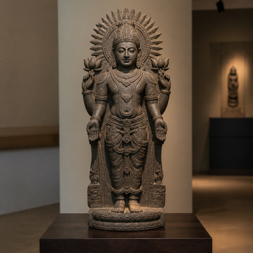 Carved stone Surya statue holding lotus flowers, displayed on a wooden plinth in soft gallery light.