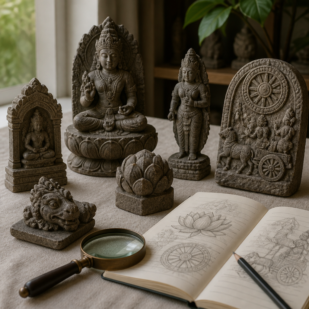 Javanese stone sculptures with lotus and crown details beside a magnifying glass and sketch notes.