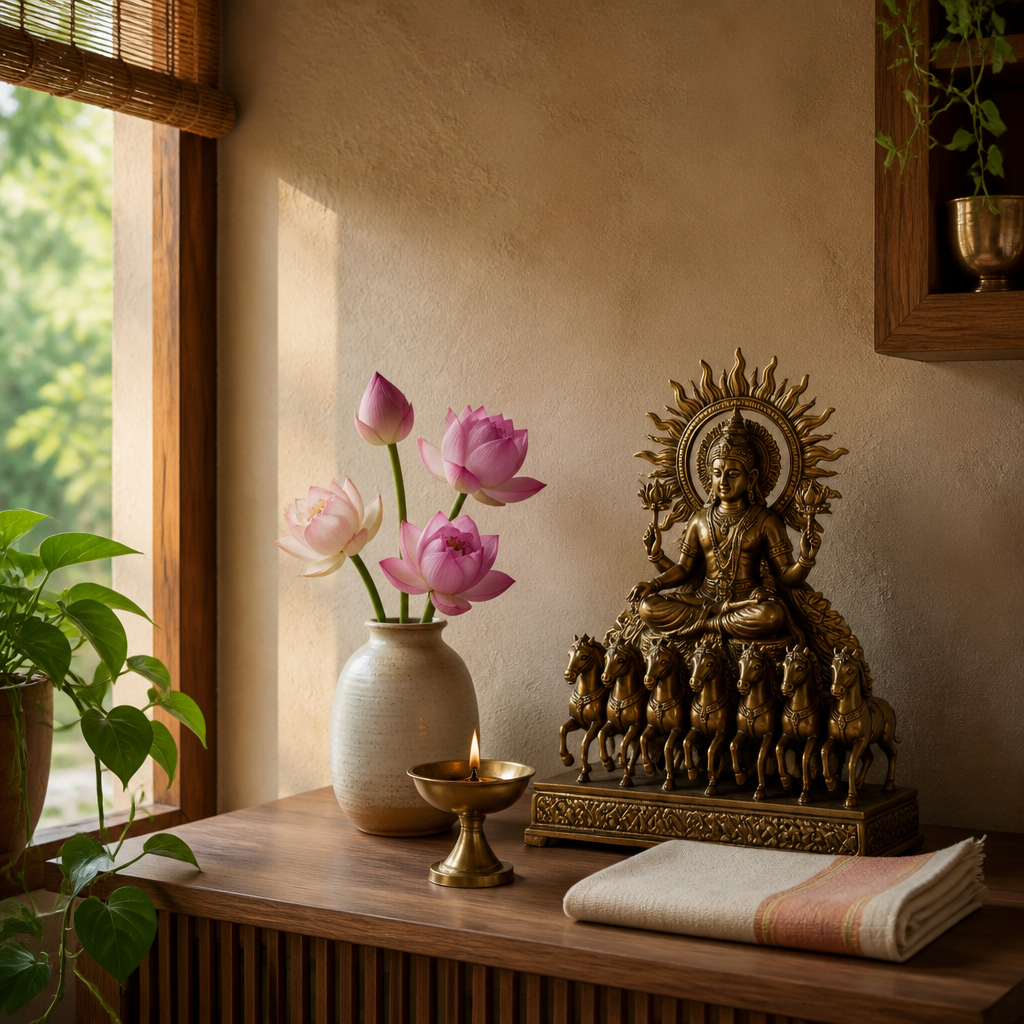 Small bronze sun god figure on a home altar with lotus blossoms and a brass oil lamp at morning.