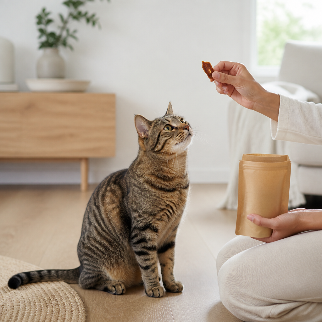 Tabby cat looking up at a hand offering crunchy air-dried meat cat training treats in a bright living room
