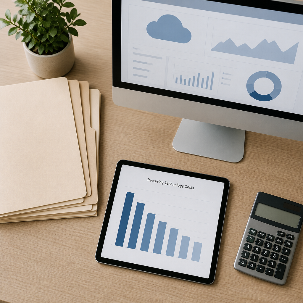 Flat-lay of a tablet showing recurring technology cost charts beside a cloud dashboard and calculator on a desk