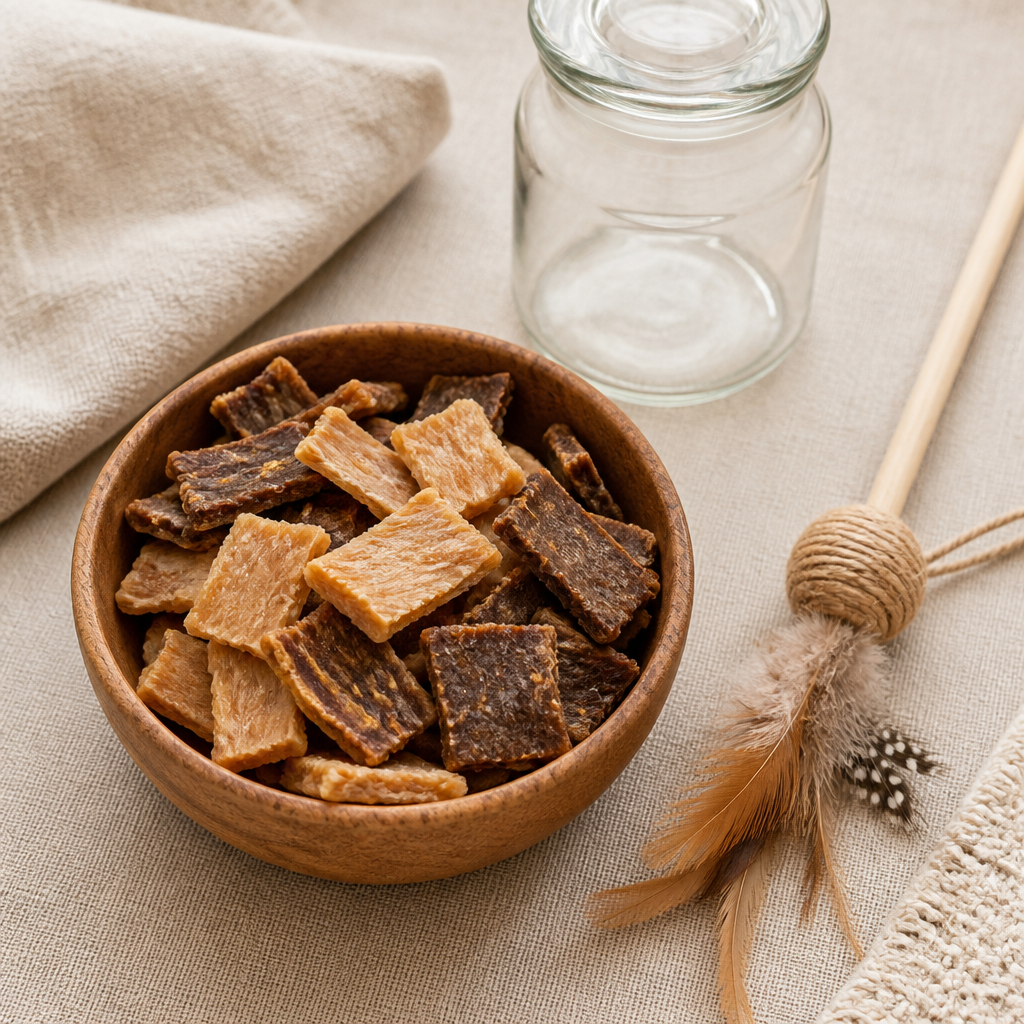 Bowl of bite-sized air-dried meat treats beside a cat wand toy on a linen surface