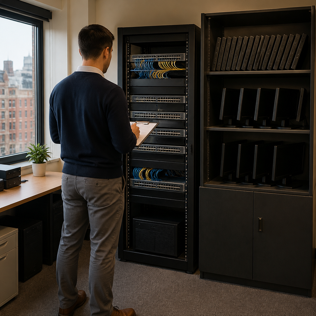 IT engineer checking spare laptops and network equipment in a tidy London office server cupboard