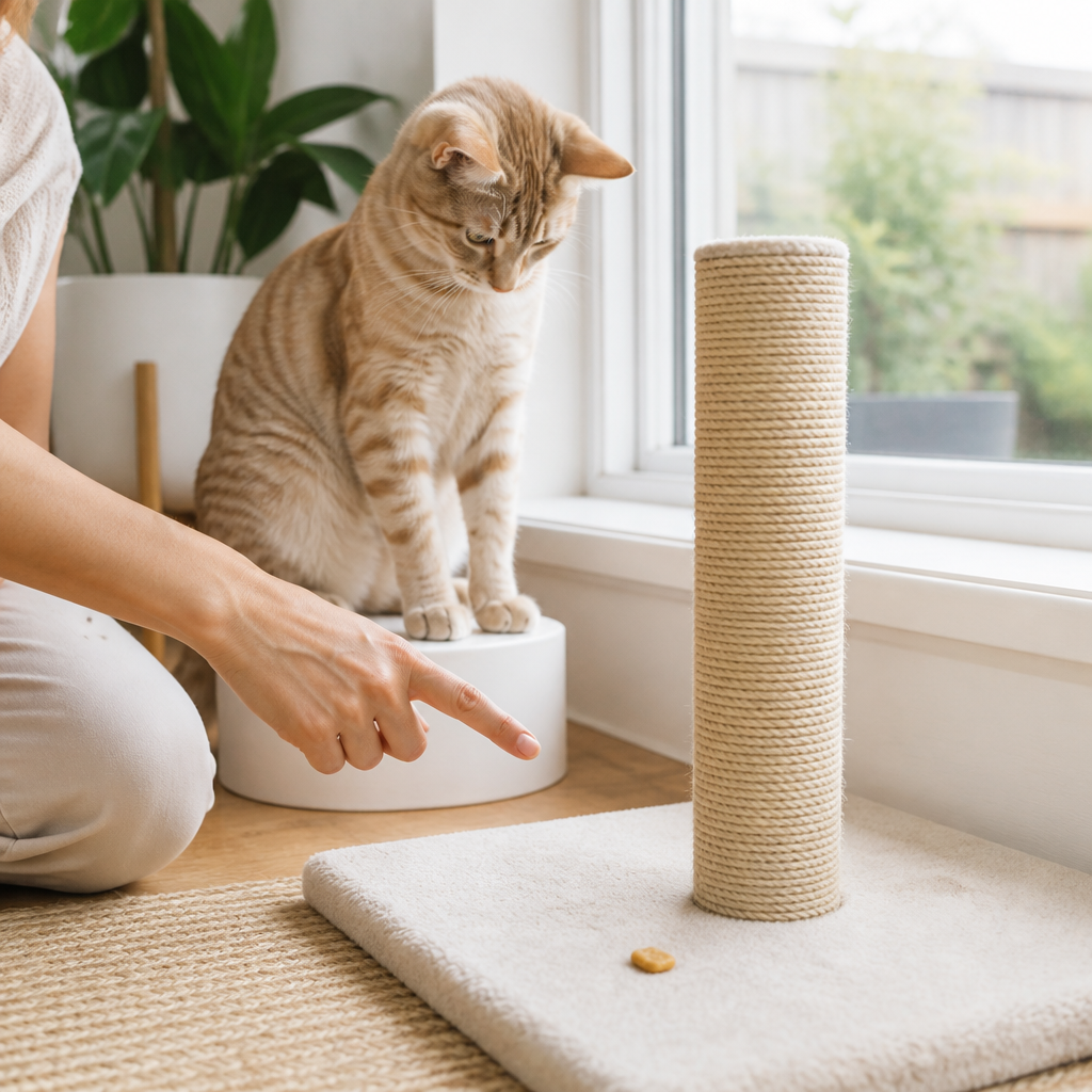 Cat on a sunny windowsill being redirected to a scratching post with a treat as a reward