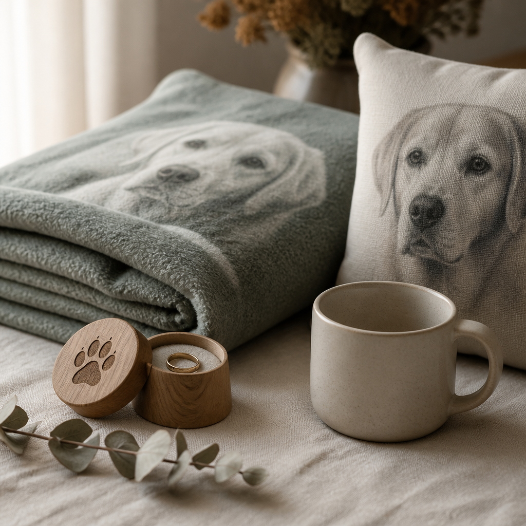 Pet death gifts arranged on linen: an engraved keepsake ring box, a folded memorial blanket, and a ceramic mug in soft light.