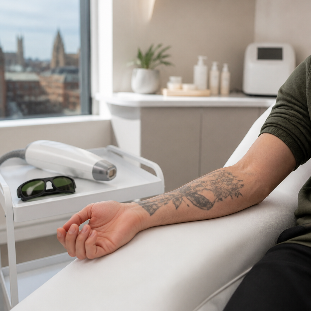 Forearm resting on a treatment bed beside a laser device in a bright tattoo removal wedding timeline setting