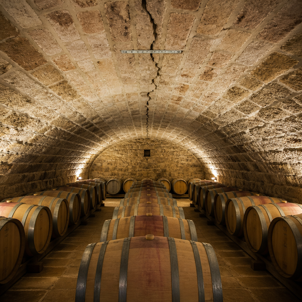 Cave voûtée en pierre d'un chai en Côte-d'Or avec une fissure visible en clé de voûte et des fûts de chêne