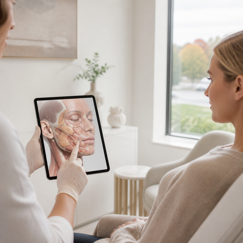 Clinician reviewing a facial anatomy chart with a client during a filler migration consultation in Aurora