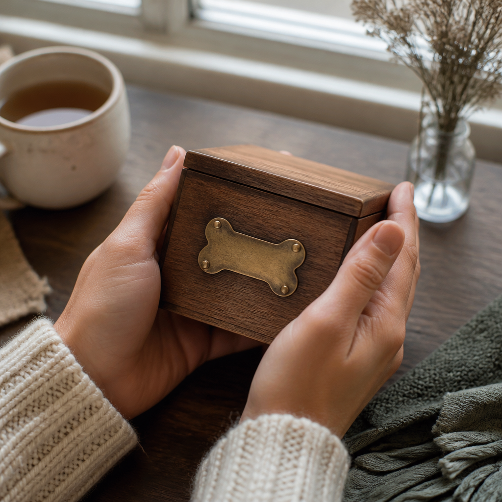 Hands holding a small wooden keepsake box beside a cup of tea, choosing a memorial gift for a beloved pet.