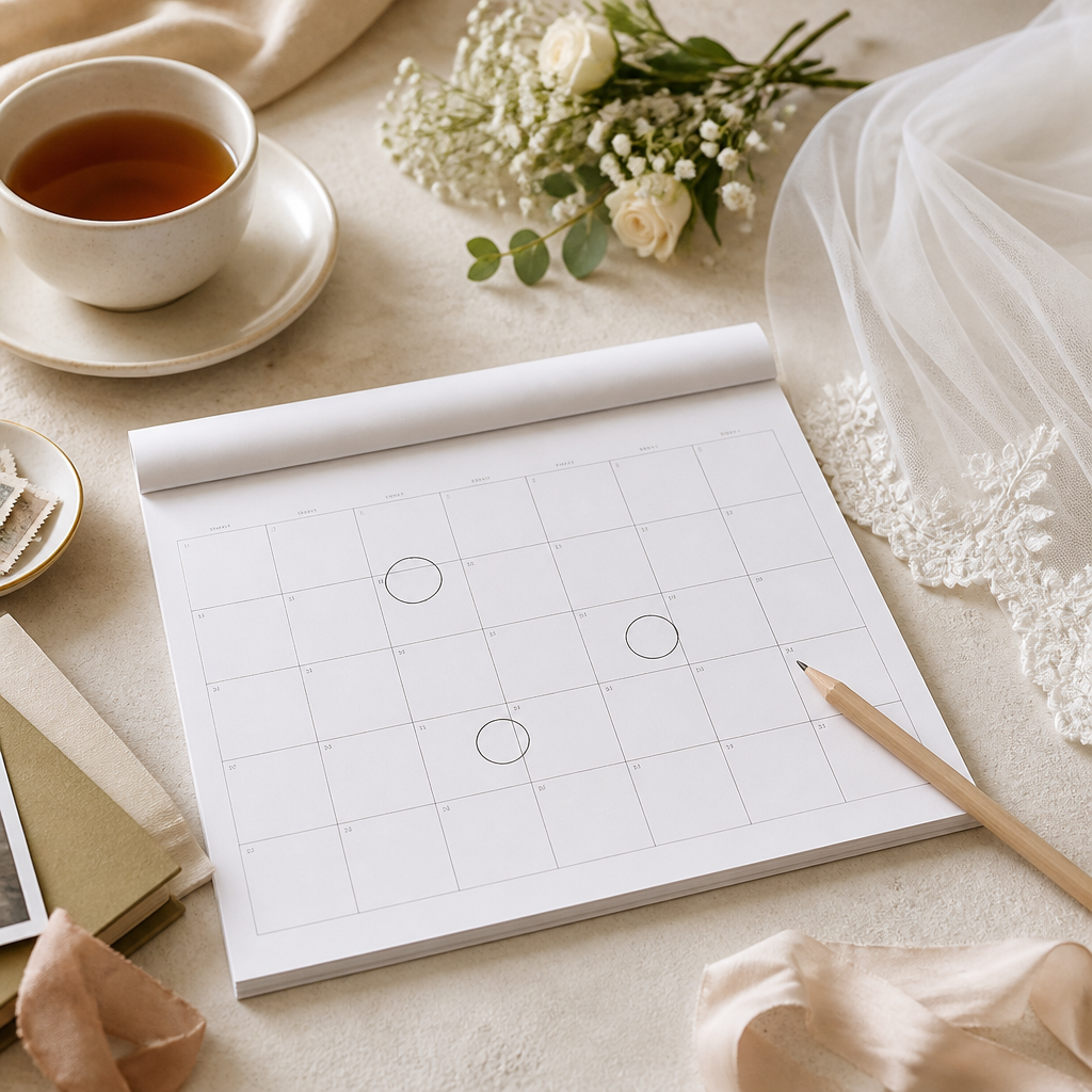Planning desk with an open calendar and bridal fabric for a tattoo removal timeline before a wedding