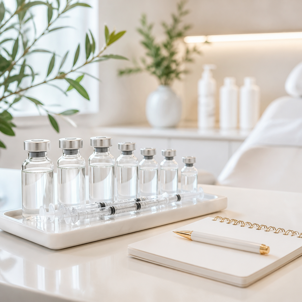 Neatly arranged unlabelled treatment vials and syringes on a clean clinic counter
