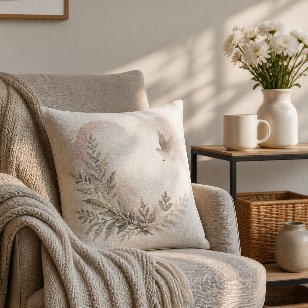 Cozy armchair with a memorial pillow and throw, plus a ceramic mug on a shelf, in warm afternoon light.