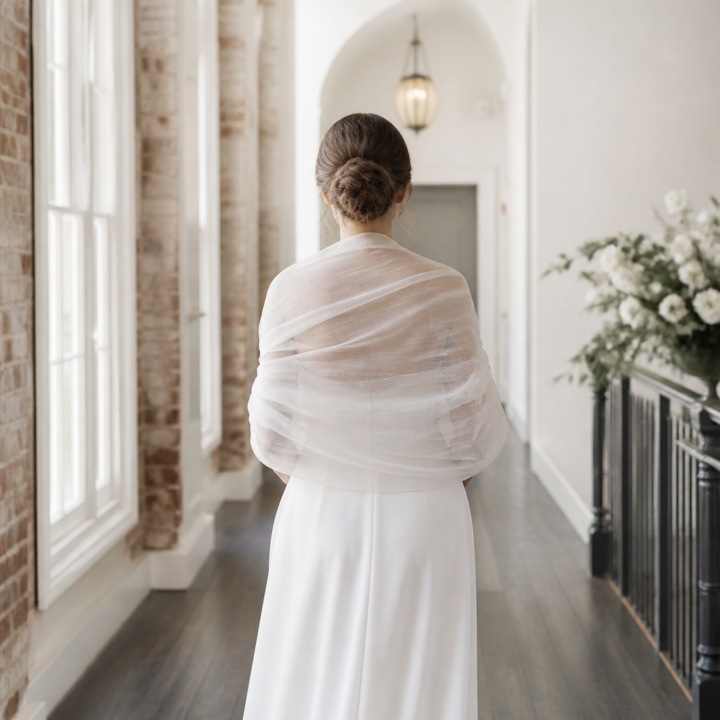 Bride in a white gown in a bright venue, planning ahead for tattoo removal before the wedding day
