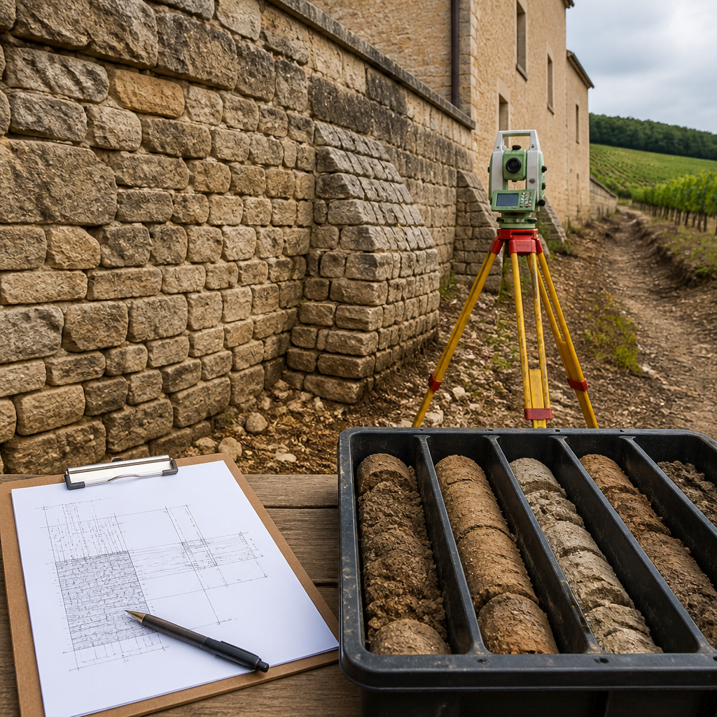 Relevé structurel d'un mur de chai avec carottes de sol et plan de diagnostic pour analyser la poussée