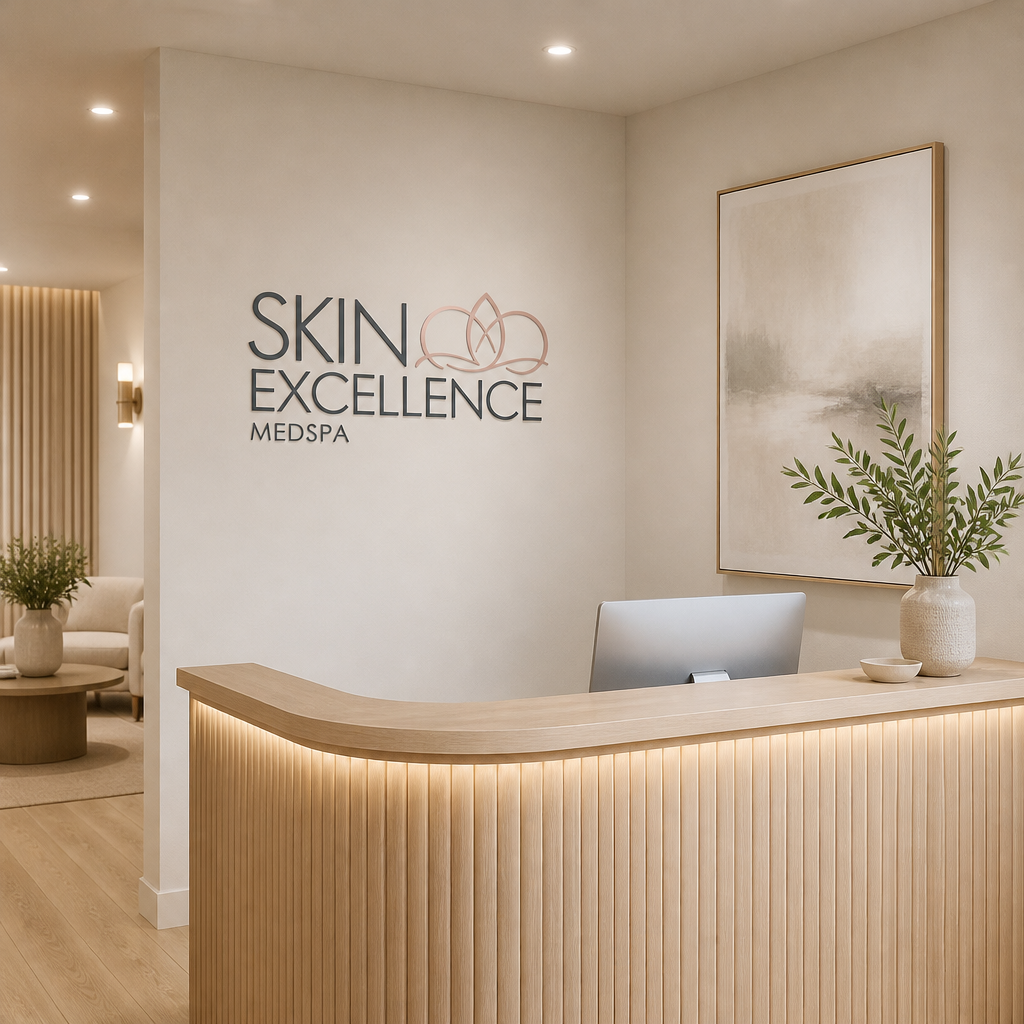 Welcoming reception area of a medical spa in Aurora with the clinic sign on the wall