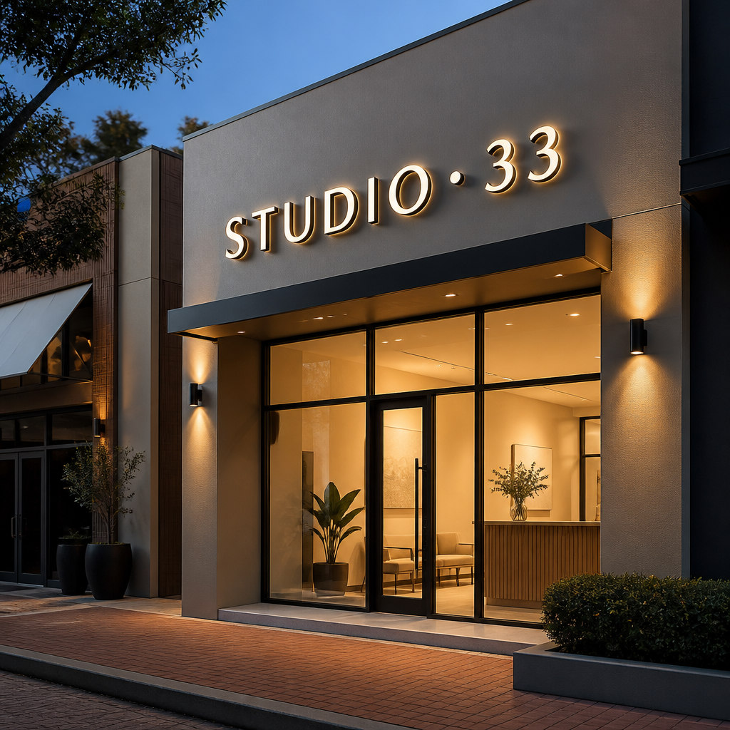 Illuminated custom fascia sign on a modern South African shopfront, lit up in the evening for clear road visibility