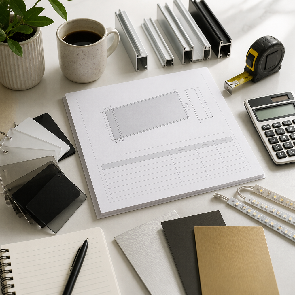 Desk with signage material samples, a tape measure and a calculator for comparing sign quotes