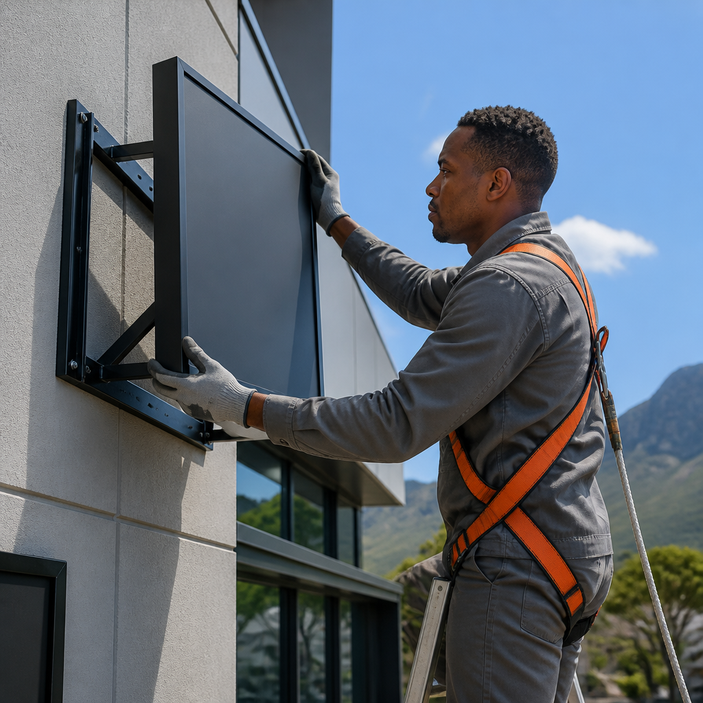 Technician installing a wall-mounted outdoor business sign on a commercial building in South Africa