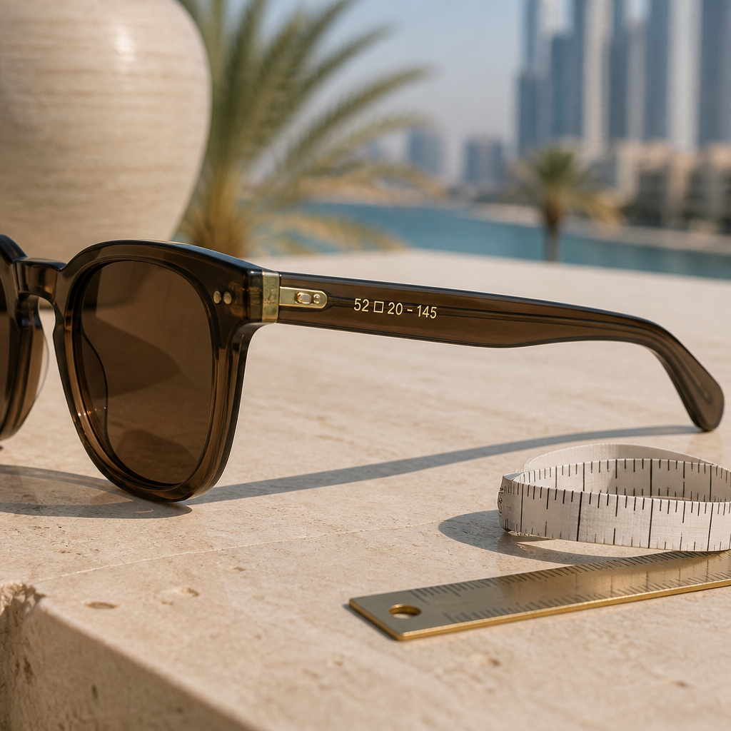 Close-up of designer sunglasses with a measuring tape showing sunglass frame measurements on the temple arm