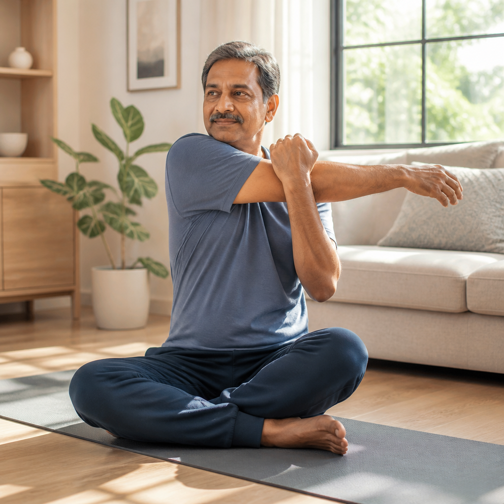 Adult man doing a gentle morning stretch on a yoga mat in a sunlit living room as part of a daily joint care routine