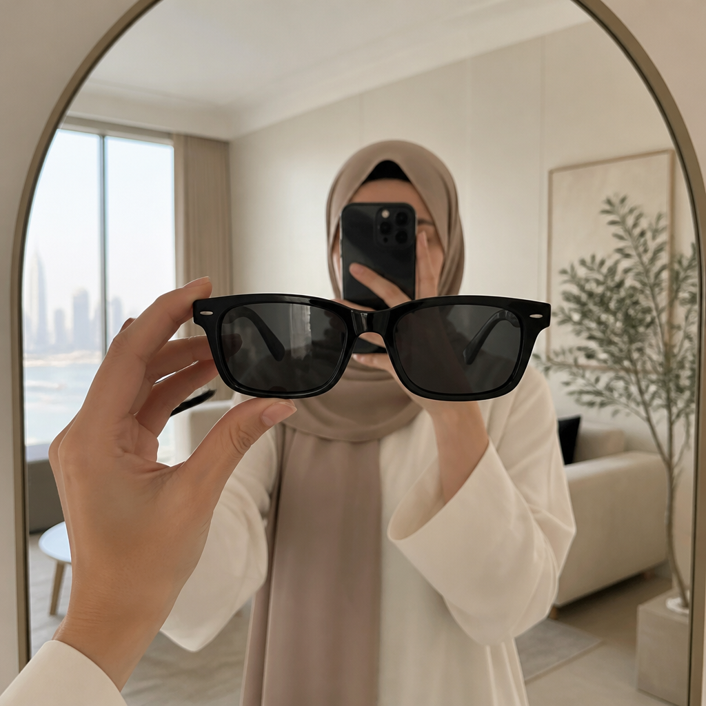 Sunglasses held up to a mirror to check bridge width and fit on the nose