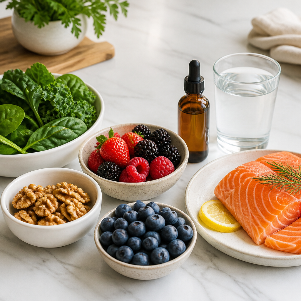 Flat-lay of fresh leafy greens, nuts, berries and a glass of water beside a plain liquid supplement bottle on a kitchen counter