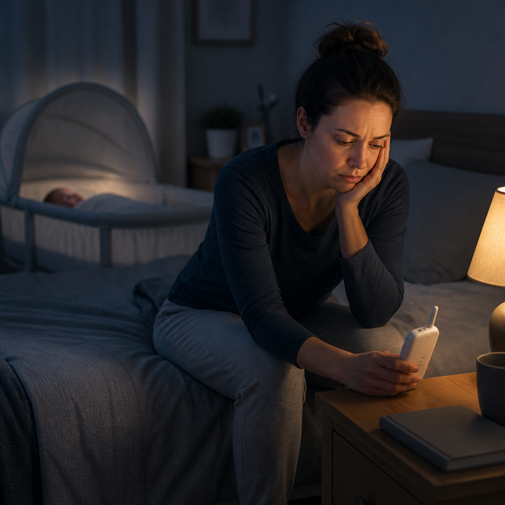 Parent on a bed in a dim nursery beside a baby monitor, keeping listening ready during the night