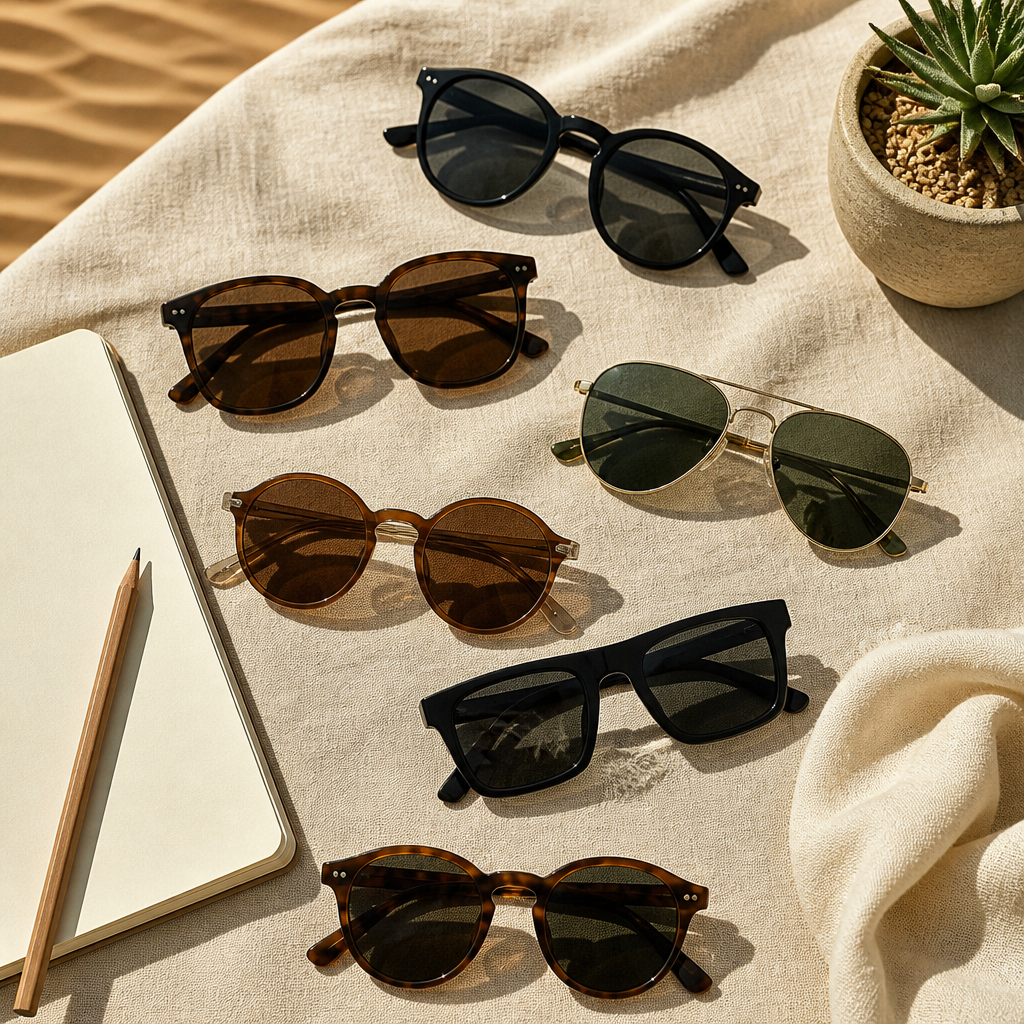 Flat-lay of sunglasses in round, square and aviator shapes for comparing lens width and face shape