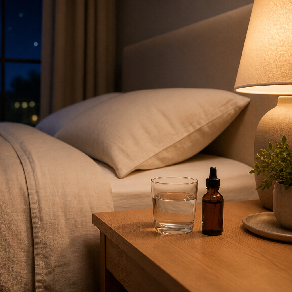 Tidy bedroom nightstand with a glass of water and a plain liquid supplement bottle under warm lamp light before sleep