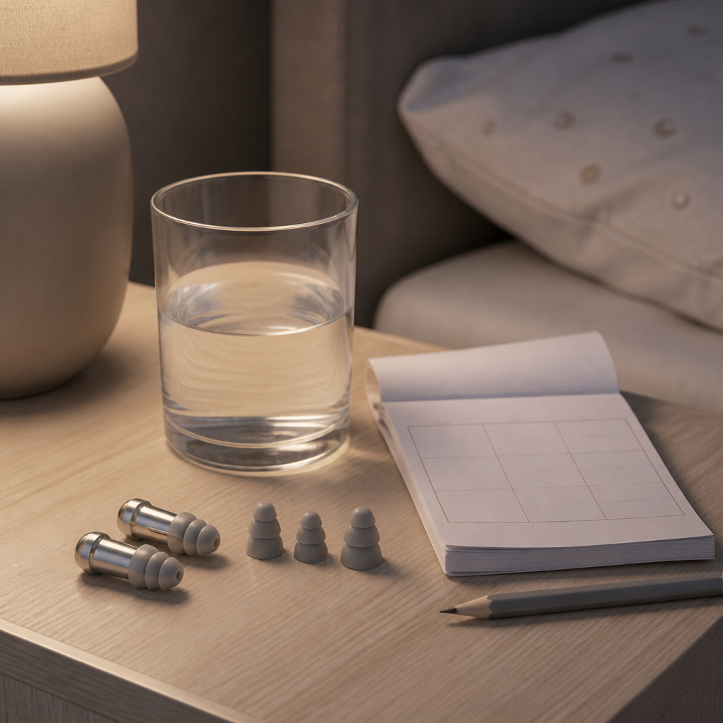 Flat-lay of ear plug sizes, a water glass and a notepad arranged on a bedside table for night routines