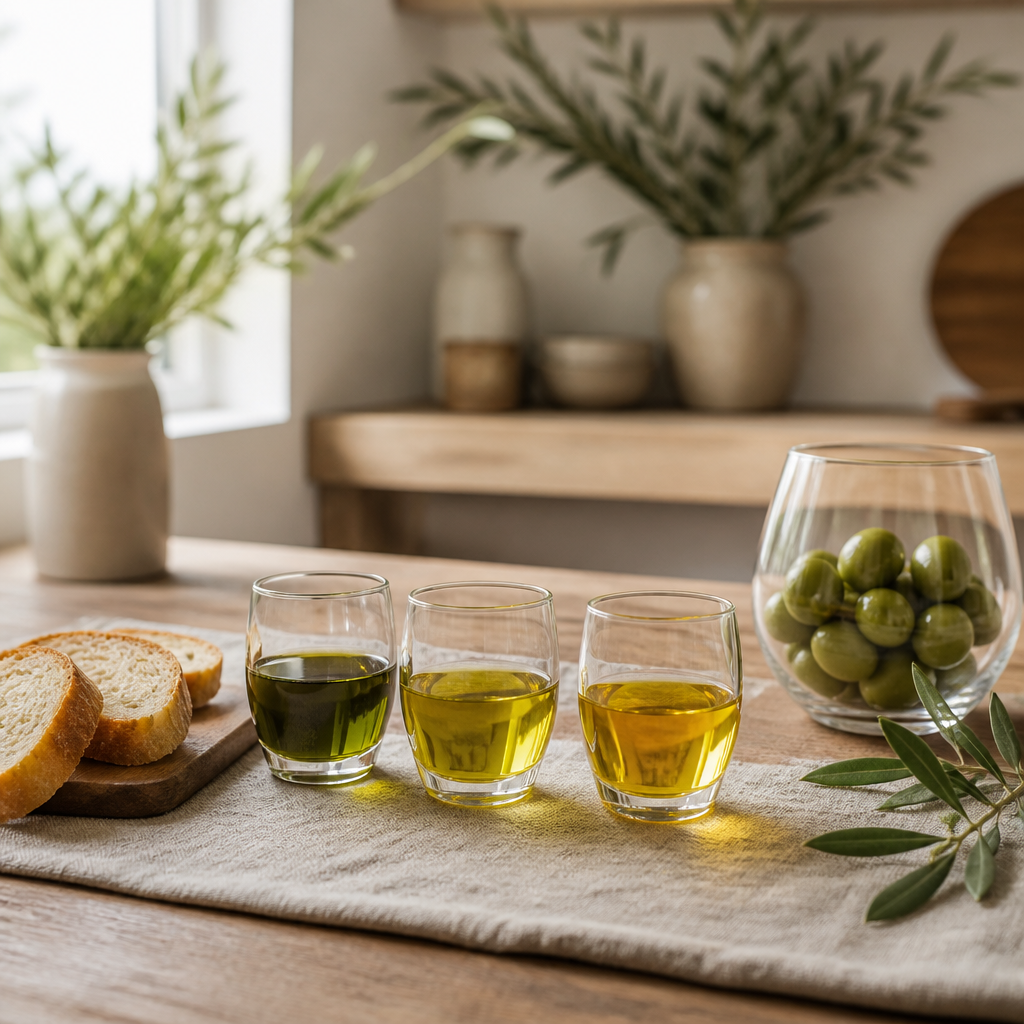 Tres copas de cata con aceite de oliva virgen extra en tonos verdes y dorados sobre una mesa de madera
