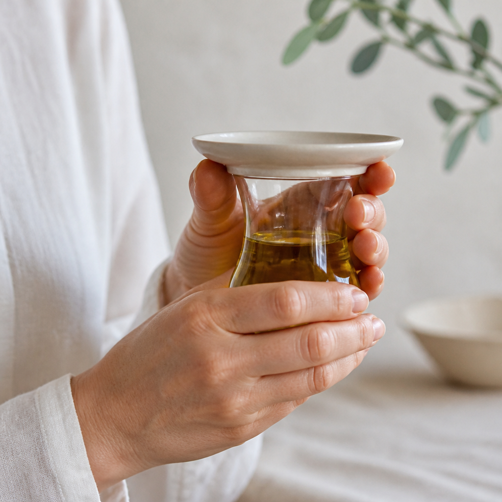 Manos calentando una copa de cata de aceite de oliva para evaluar su aroma