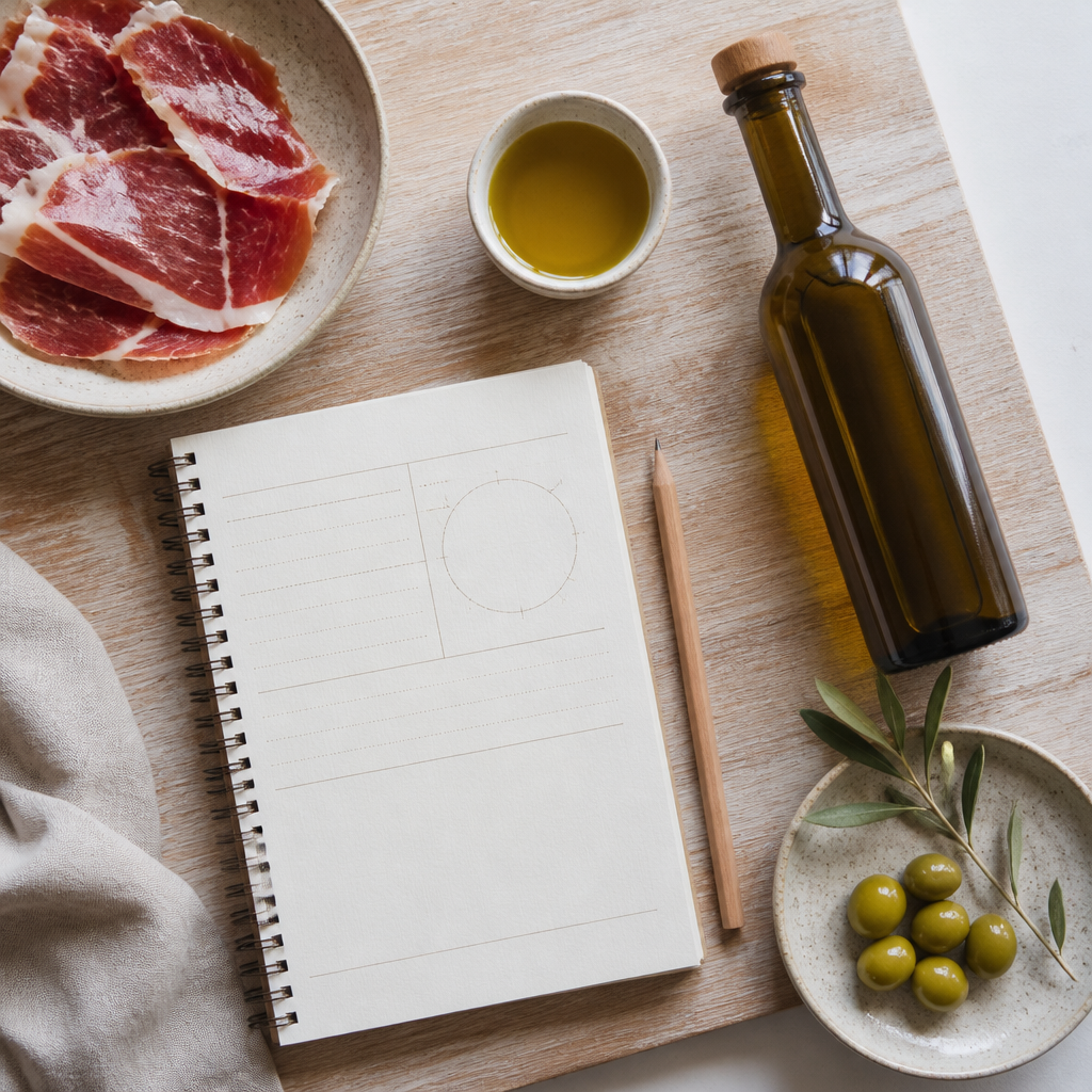 Mesa con hoja de cata, aceite de oliva virgen extra, jamón ibérico y aceitunas para evaluar sabor