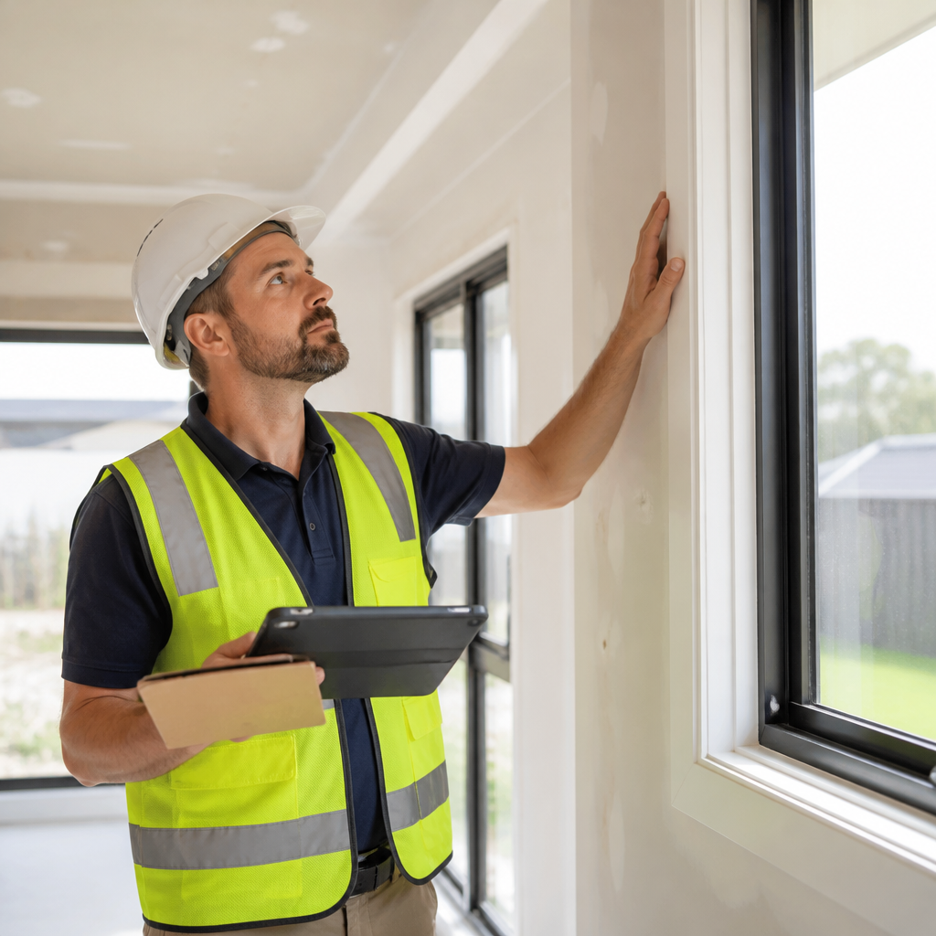 Independent building inspector checking a new home wall and window frame before handover in Queensland
