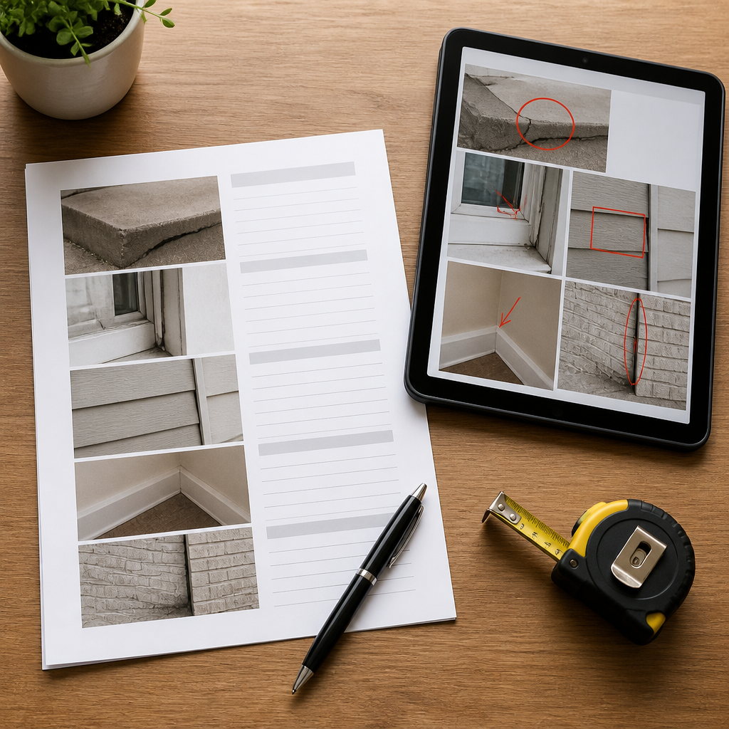Photo-enhanced defect report and tablet with annotated construction photos for a new home inspection