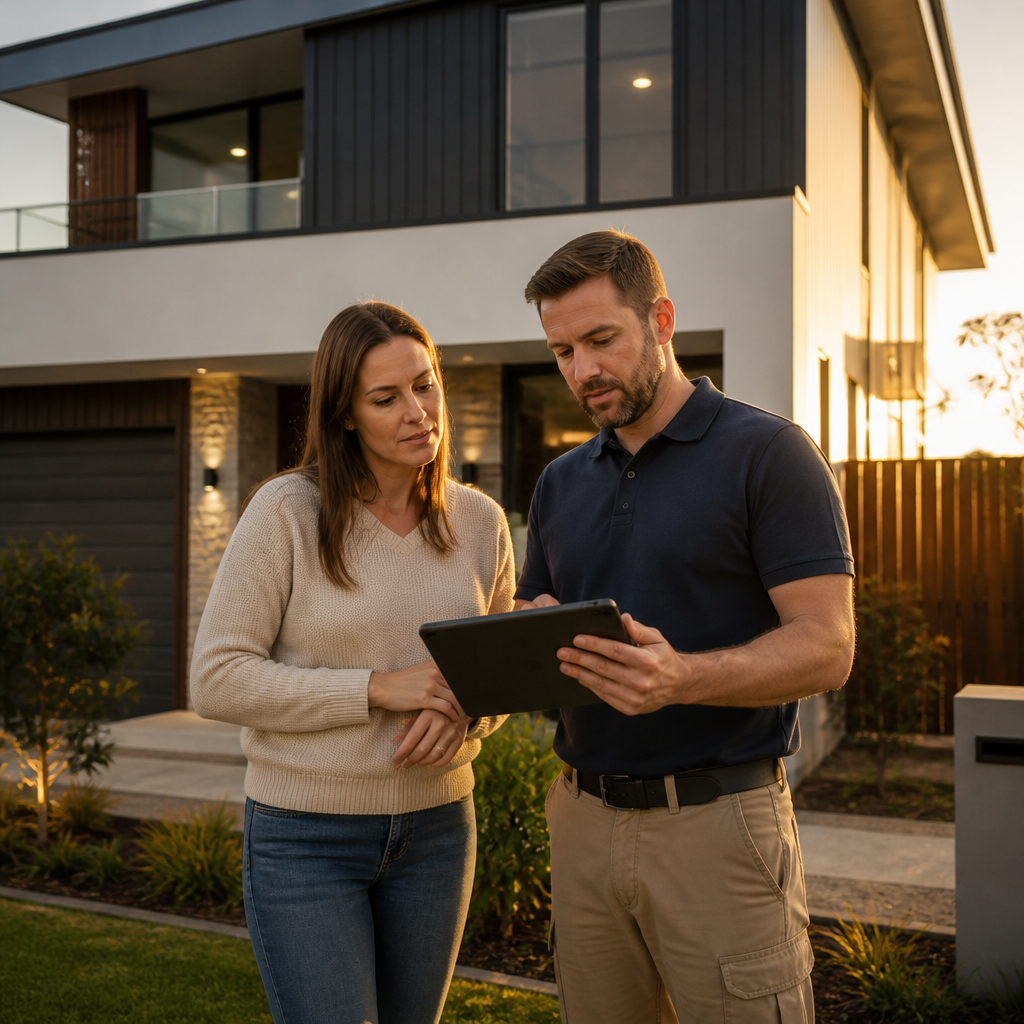 Homeowner and building inspector reviewing a new home together outside before settlement
