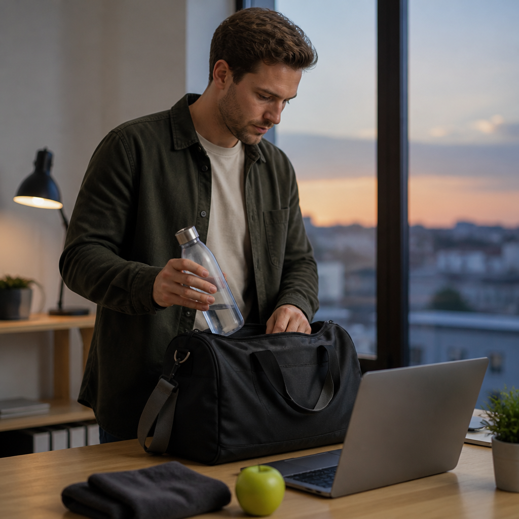 Office worker packing a gym bag beside a laptop at dusk, with a water bottle and fruit on the desk for after-work workout nutrition UK.