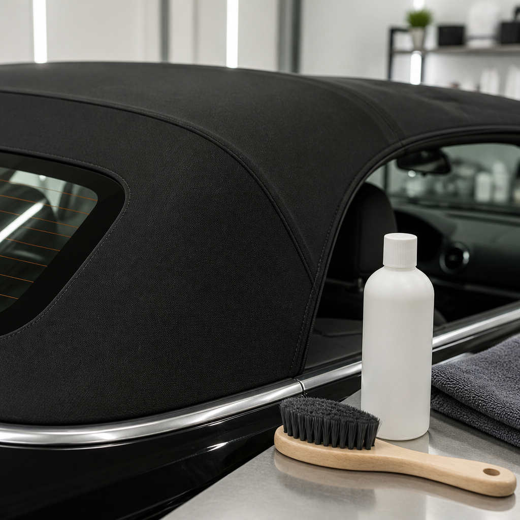 Close-up of a convertible soft-top fabric roof being brushed during detailing in a clean workshop bay