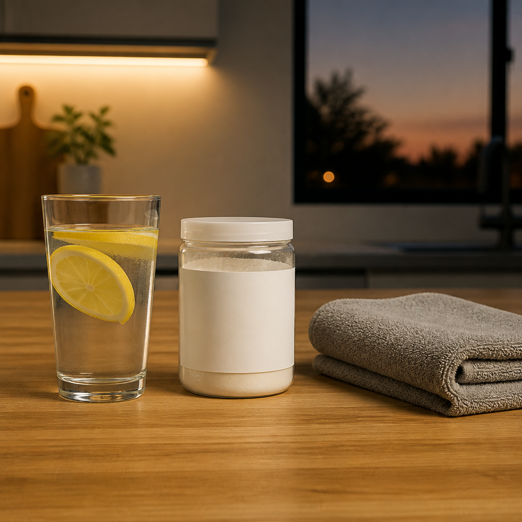 Glass of water with lemon slices and a plain electrolyte tub on a kitchen counter before an evening workout.