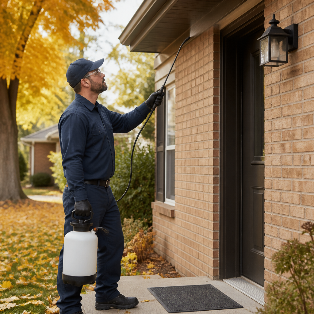 Technician spraying the eaves and door frame of a brick house in St. Catharines during a fall spider spray visit.