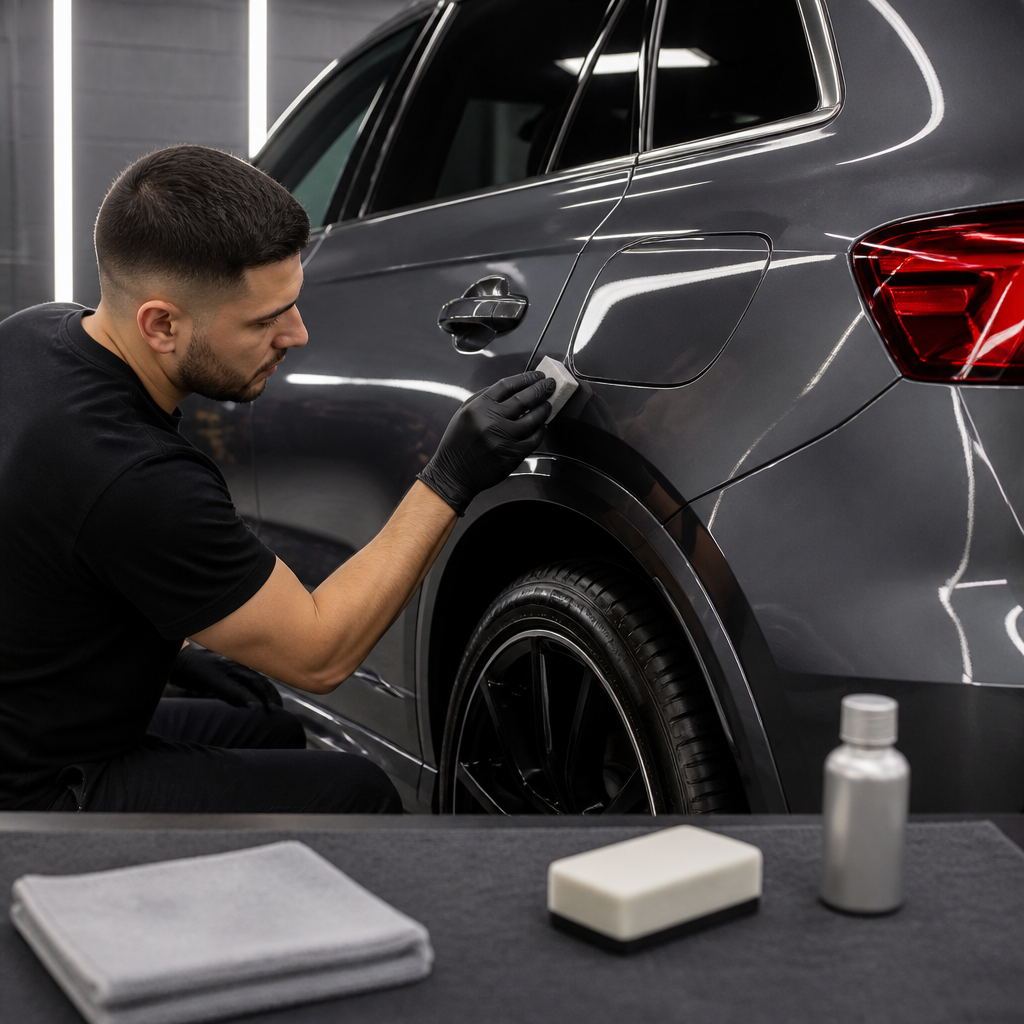 Detailer applying protective coating to a vehicle's panel and trim in a professional detailing studio
