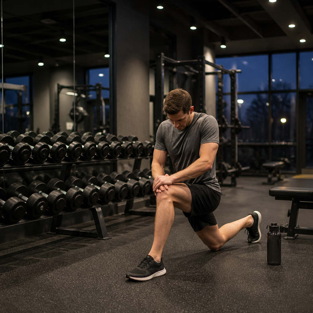 Person stretching near dumbbells in an evening gym, showing the transition from desk to training session.