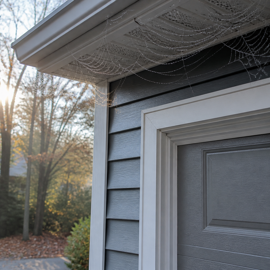 Spider webs strung across the top corner of a garage door frame on a fall morning.