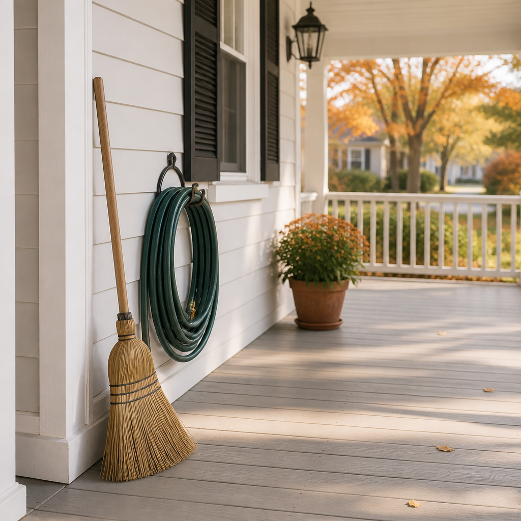 Porch cleared of clutter and debris in preparation for a residential fall spider treatment.