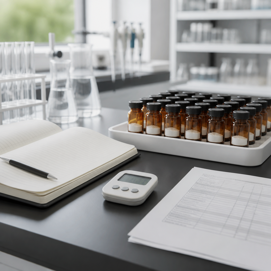 Lab bench with a notebook, sealed unlabelled vials of lyophilized peptide powder, and a certificate of analysis for retatrutide timeline results.