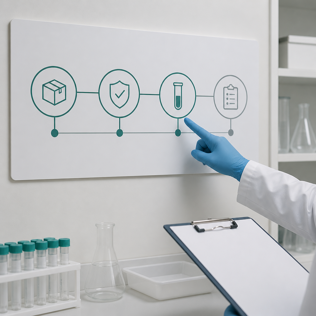 Research lab milestone checkpoint board used to track retatrutide timeline results from receipt to assay readiness.